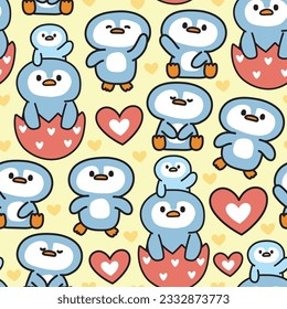Seamless pattern of cute penguin with heart on yellow background.Animal character cartoon design.Bird.Love concept.Baby clothing.Kawaii.Vector.Illustration.