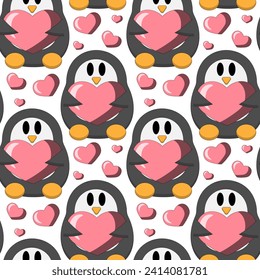 Seamless pattern with cute Penguin and heart