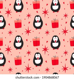 Seamless pattern with cute penguin, hearts, gift boxes, stars. Vector illustration for valentines day. Design for printing postcards, gift wrapping, fabric.