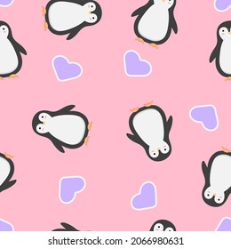 seamless pattern of cute penguin and hearts on a pink background. baby penguin kawaii, seamless texture for fabric, packaging