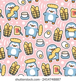 Seamless pattern of cute penguin hold bread with breakfast icon on pink pastel background.Bird animal character cartoon design.Yam,coffee,fried egg hand drawn.Kawaii.Vector.illustration.