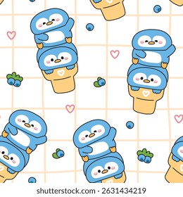 Seamless pattern of cute penguin ice cream blueberry fruit flavor with heart background.Sweet and desset.Bird animal character cartoon.Arctic,polar,north pole.Kawaii.Vector.Illustration.
