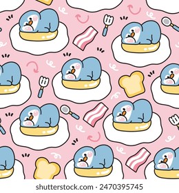 Nahtloses Muster des süßen Pinguins lag auf Spiegelei mit Brot und Speck Hintergrund.Frühstück.Vogel Tier Charakter Cartoon Design.Bild für Karte,Aufkleber,Babykleidung.Kawaii.Vektorgrafik.Illustration.