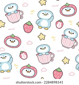 Seamless pattern of cute penguin on white background.Penguin stay in cup and wear starwberry hat costume.Bird animal character design.Baby clothing.Kawaii.Vector.Illustration.