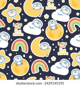 Patrón sin fisuras de lindo pingüino en el arco iris de la estrella lunar y el fondo de la galaxia del planeta.Diseño de dibujos animados de carácter animal de pájaro.Vamos a la luna text.Kawaii.Vector.Illustración.