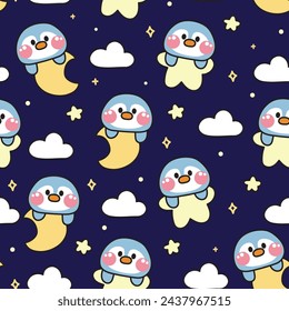 Seamless pattern of cute penguin on moon and star on night sky background.Cloud.Bird animal character cartoon design.Baby clothing.Kawaii.Vector.Illustration.