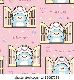 Patrón sin fisuras de lindo pingüino abre la ventana con el corazón y te amo texto background.Bird personaje animal dibujo animado design.Imagen para tarjeta, pegatina, producto bebé.Kawaii.Vector.Ilustración