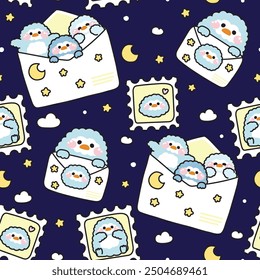 Seamless pattern of cute penguin in paper mail have moon and star cartoon background.Stamp.Message.Card.Bird animal character.Kawaii.Vector.Illustration.