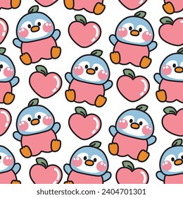 Seamless pattern of cute penguin peach fruit on white background.Bird animal character cartoon design.Image for card,poster,baby clothing.Kawaii.Vector.Illustration.