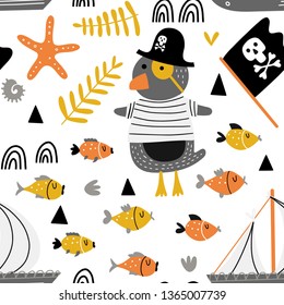 Seamless pattern with cute penguin - pirate and ship in cartoon style on white background. Creative kids nautical texture for fabric, wrapping, textile, wallpaper and apparel in vector.