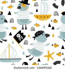 Seamless pattern with cute penguin - pirates in cartoon style on white background. Creative kids nautical texture for fabric, wrapping, textile, wallpaper and apparel in vector.