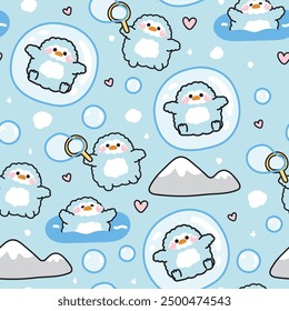 Seamless pattern of cute penguin play soap bubble.Penguin stay in bubble on ice and mountain background.Pole.Snow.Winter.Bird animal character cartoon design.Kawaii.Vector.Illustration.