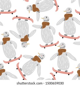 Seamless pattern with cute penguin playing with skateboard. Vector texture in childish style great for fabric and textile, wallpapers, backgrounds. Creative animal childish texture.