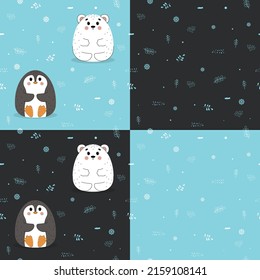 Seamless pattern with cute penguin and polar bear, set with polar animals, vector polar bear, penguin, animals in the snow

