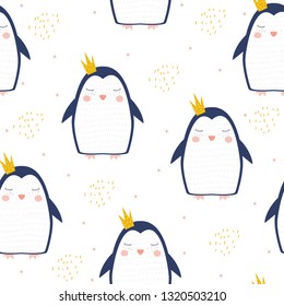 Seamless pattern with cute penguin princess. Kids hand drawn print. Vector illustration.