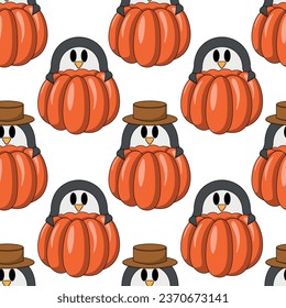 Seamless pattern with Cute Penguin with Pumpkin