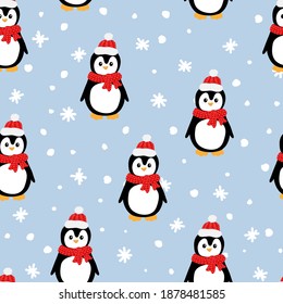 Seamless pattern with cute penguin in red head and scarf, On blue background. Good for wrapping, textile, fabric. Vector illustration