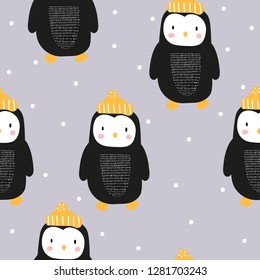 Seamless pattern with cute penguin in Scandinavian style. Hand-drawn. For printing on textiles, wrapping paper. Children's illustration.