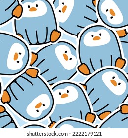 Seamless pattern of cute penguin sit sticker cartoon background.Animal character design.Baby clothing print screen.Bird.Repeat.Kawaii.Vector.Illustration.