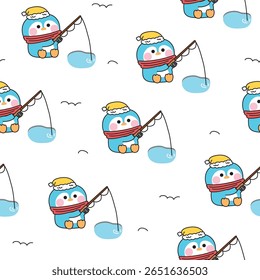 Padrão contínuo de pinguim bonito sentar e pescar no fundo de gelo.Inverno e frio.Ártico,polar,polo norte.Pássaro personagem animal desenho animado.Kawaii.Vetor.Ilustração.