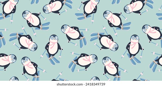 Seamless pattern with cute penguin skiing. Animals pattern. Penguin cartoon on winter background. Great for wrapping paper design, fabric, textile. Christmas and New Year background