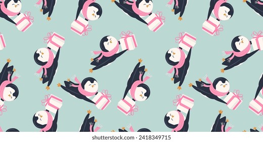 Seamless pattern with cute penguin sledding. Animals pattern. Penguin cartoon on winter background. Great for wrapping paper design, fabric, textile. Christmas and New Year background