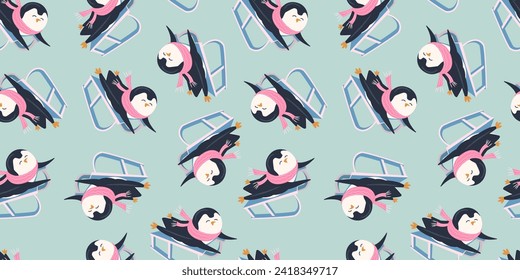 Patrón sin foco con adorable trineo de pingüino. Patrón de animales. Caricatura pingüino sobre el fondo del invierno. Ideal para el diseño de papel de envoltura, tela, textil. Antecedentes de Navidad y Año Nuevo