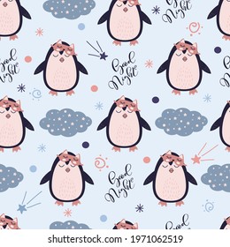 Seamless pattern with Cute Penguin in sleeping mask. Animal on the starry fantatic sky. Vector good nignt and sweet dreams concept