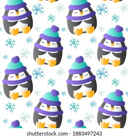 Seamless pattern with cute penguin and snowflake