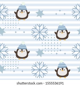 The seamless pattern of cute penguin with and snowflakes on the blue backgroun in flat vector style. illustation for background.