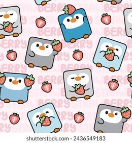 Seamless pattern of cute penguin in square shape with strawberry on pastel background.Bird  animal character cartoon design.Fruit.Clothing.Print screen.Baby graphic.Kawaii.Vector.