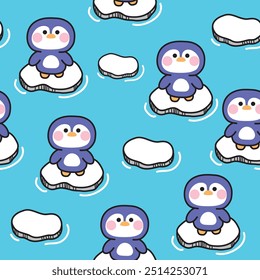 Nahtloses Muster von niedlichen Pinguin stehen auf Eishintergrund.Winter.Nordpol.Vogel Tierfigur Cartoon-Design.Bild für Karte, Aufkleber, Babykleidung.Kawaii.Vektor.Illustration.