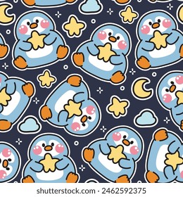 Patrón sin fisuras de lindo pingüino con estrella y luna en el fondo del cielo nocturno. Diseño de dibujos animados de carácter animal de pájaro. Imagen para tarjeta, producto de bebé, imprimir ropa de pantalla. Kawaii. Vector. Ilustración