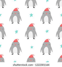 Seamless pattern with cute penguin and stars in doodle style on white background. Vector illustration for children.