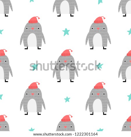 Seamless pattern with cute penguin and stars in doodle style on white background. Vector illustration for children.