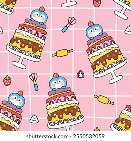 Nahtloses Muster von niedlichen Pinguin bleiben auf großen Kuchen Hintergrund.Alles Gute zum Geburtstag.Feier party.Chocolate.Strawberry.Whipping Cream.Polar Vogel Tierfigur Cartoon Design.Kawaii.