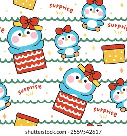 Seamless pattern of cute penguin stay in bow gift box background.Surprise.Presents.Birthday.Celebrated.Party.Polar bird animal character cartoon.Kawaii.Vector.Illustration.