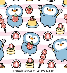 Seamless pattern of cute penguin with strawberry dessert background.Bird animal character cartoon design.Pudding,chese cake,Japanese sweet hand drawn.Kawaii.Vector.Illustration.