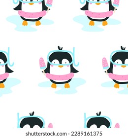 Seamless pattern with cute penguin. Summer print. Vector illustration