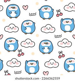 Seamless pattern of cute penguin in various poses on white background.Animal design.Cherry,cloud,heart hand drawn.Repeat.Image for card,poster,sticker,baby clothing.Vector.Illustration.Illustrator.