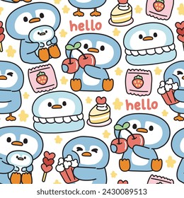 Seamless pattern of cute penguin in various poses with tiny icon on white background.Cherry,cake,candy,star hand drawn.Bird animal character cartoon.Kawaii.Vector.Illustration.