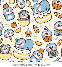 Patrón sin fisuras de pingüino lindo varias posturas pegatina en concepto naranja.Animales de pájaro carácter dibujo animado.Fruta, pastel, té de leche de burbuja, jugo dibujado a mano.Ropa de bebé.Kawaii.Vector.Ilustración.