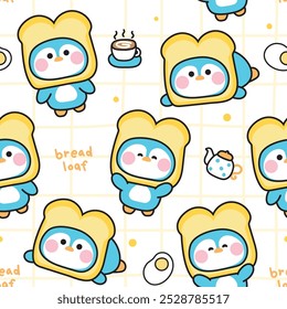 Seamless pattern of cute penguin wear bread loaf hat mascot background.Coffee,tea pot,fried egg,bakery hand drawn.North pole bird animal character cartoon deign.Kawaii.Vector.Illustration.