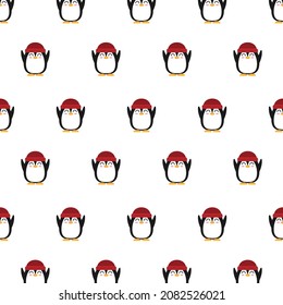 Patrón sin brillo pingüino lindo usando sombrero de invierno. Ilustración vectorial de diseño plano.