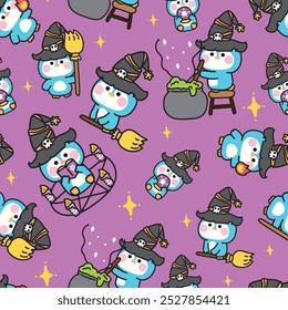 Seamless pattern of cute penguin witch various poses night background.Broom,poison,magic hand drawn.Animal character cartoon.Kawaii.Vector.Illustration.