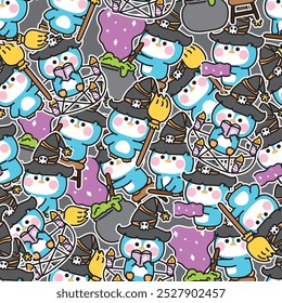 Seamless pattern of cute penguin witch various poses sticker sticker night background.Broom,poison,magic hand drawn.Animal character cartoon.Kawaii.Vector.Illustration.