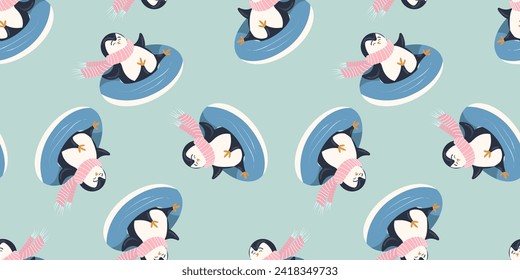 Seamless pattern with cute penguinon snow tube. Animals pattern. Penguin cartoon on winter background. Great for wrapping paper design, fabric, textile. Christmas and New Year background