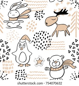 Seamless pattern with cute penguin,reindeer,bear and rabbit. Hand Drawn vector illustration. Background with cartoon animals