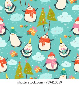 Seamless pattern with cute penguins