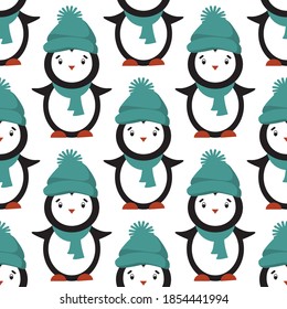 Seamless pattern with cute penguins. Animals pattern. Penguin cartoon on winter background. Vector illustration